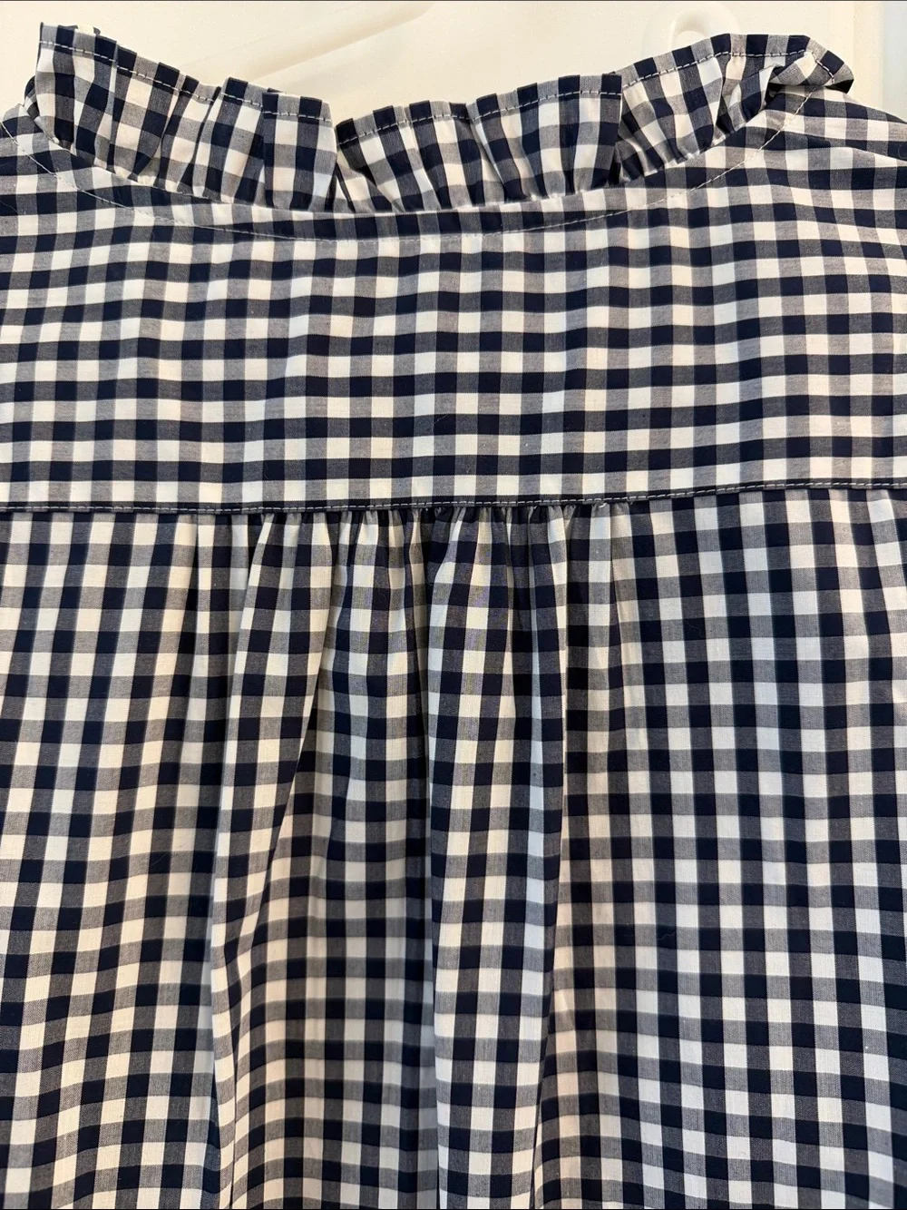 J Crew Women's Navy and White Gingham Ruffle Neck Top, S, never worn